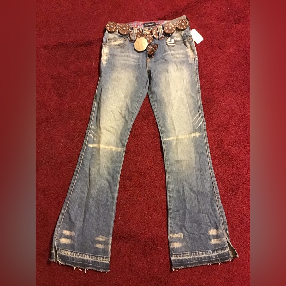 SALLY MACK GIRLS NWT SZ 14 DISTRESSED JEANS NEIMAN MARCUS FLARE W BELT